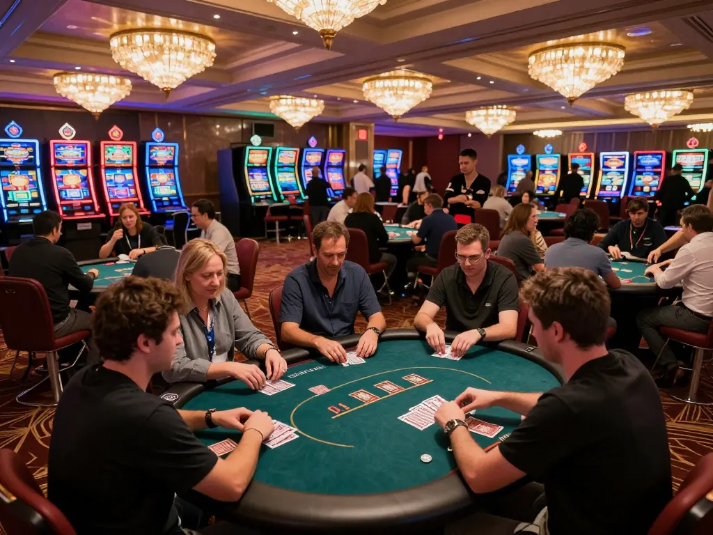 A vibrant casino scene with players engaging in poker at 98win com, showcasing the excitement of gambling.