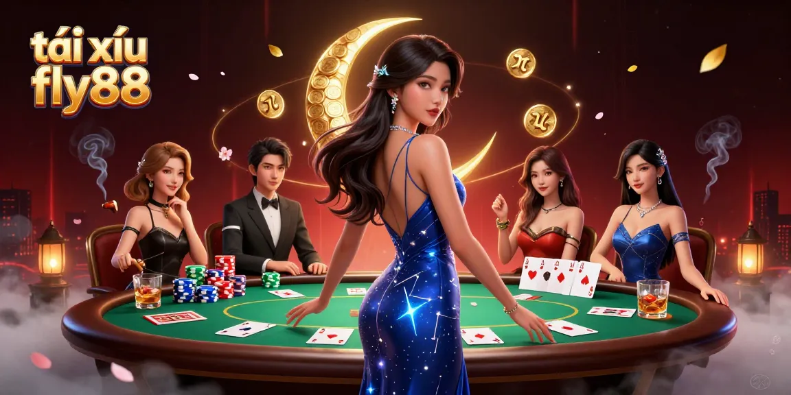 Engaging tài xỉu fly88 gameplay featuring a stunning Asian woman in a celestial setting, amidst colorful poker elements.