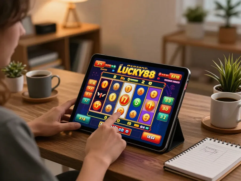 Engaging gameplay of lucky88 slot on a tablet in a cozy home office, showcasing excitement and bankroll strategies.