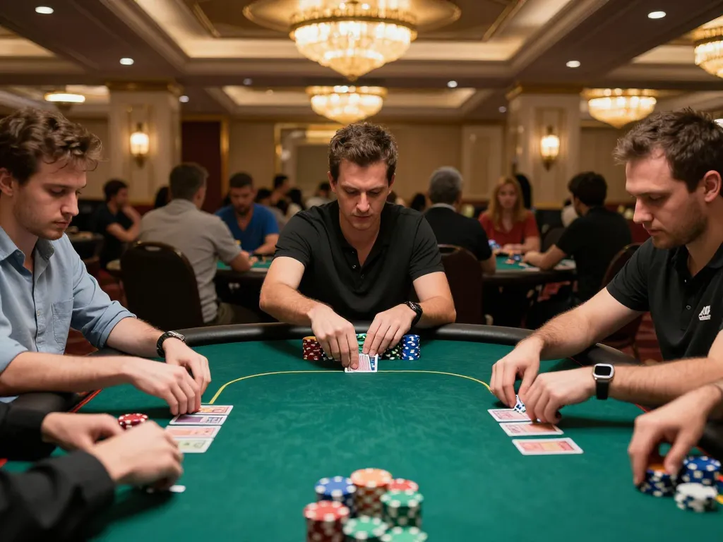 Professional poker tournament scene in luxury casino with DA88 tables and intense gameplay.