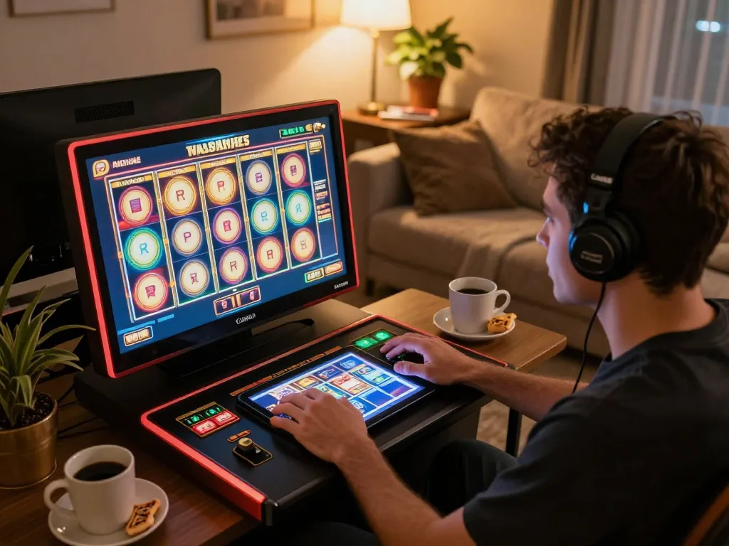 Player enjoying online slots in cozy living room, addressing concerns of tt88 lừa dảo.