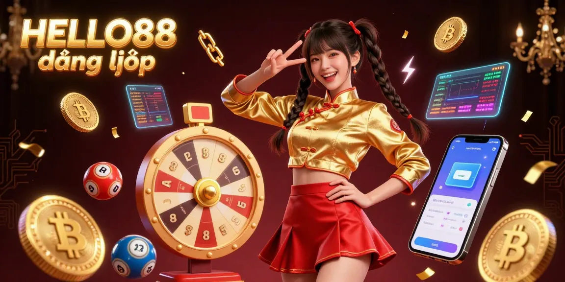 Engage with HELLO88 đăng nhập through vibrant casino elements like Bitcoin coins and a dynamic prize wheel.