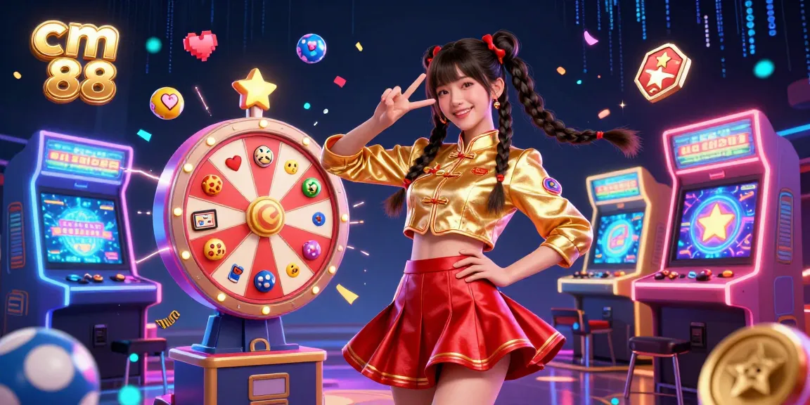 Play exciting casino games with cm 88, featuring a vibrant Asian woman, confetti, and colorful 3D lottery elements.