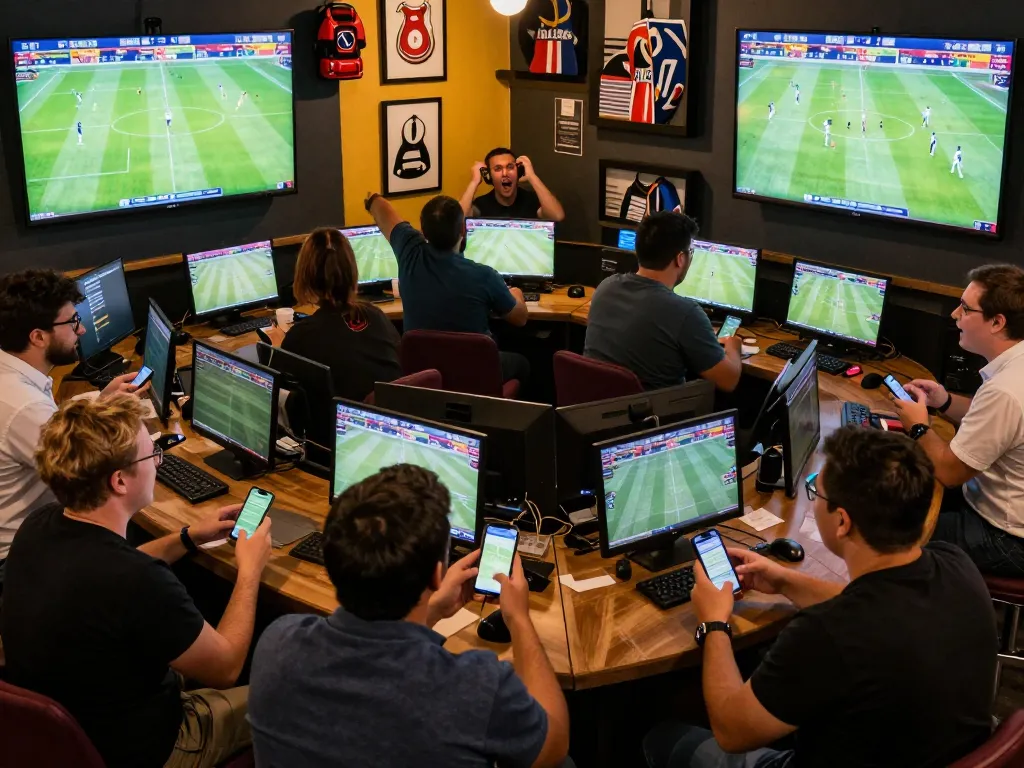 Fans engaging in exciting sports betting while xem bóng đá Socolive on large screens, showcasing live games and mobile betting.