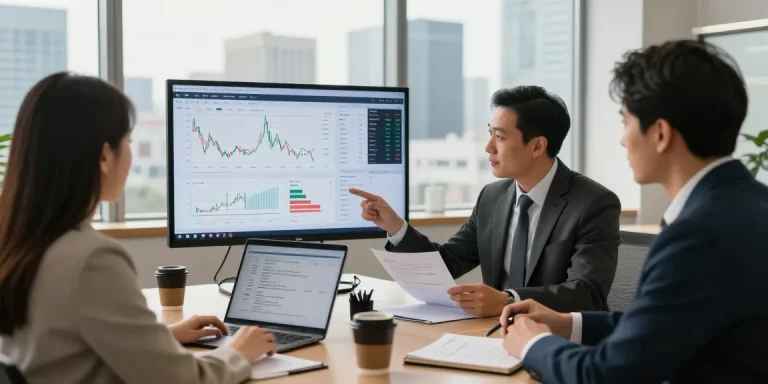 Investment consultation discussing Indexfonds strategies with clients in a modern office.