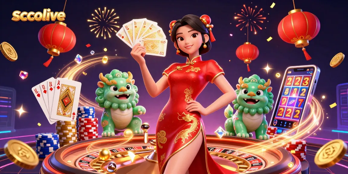 Socolive showcases an elegant woman and jade lion amidst vibrant casino elements, embodying a thrilling gambling atmosphere.