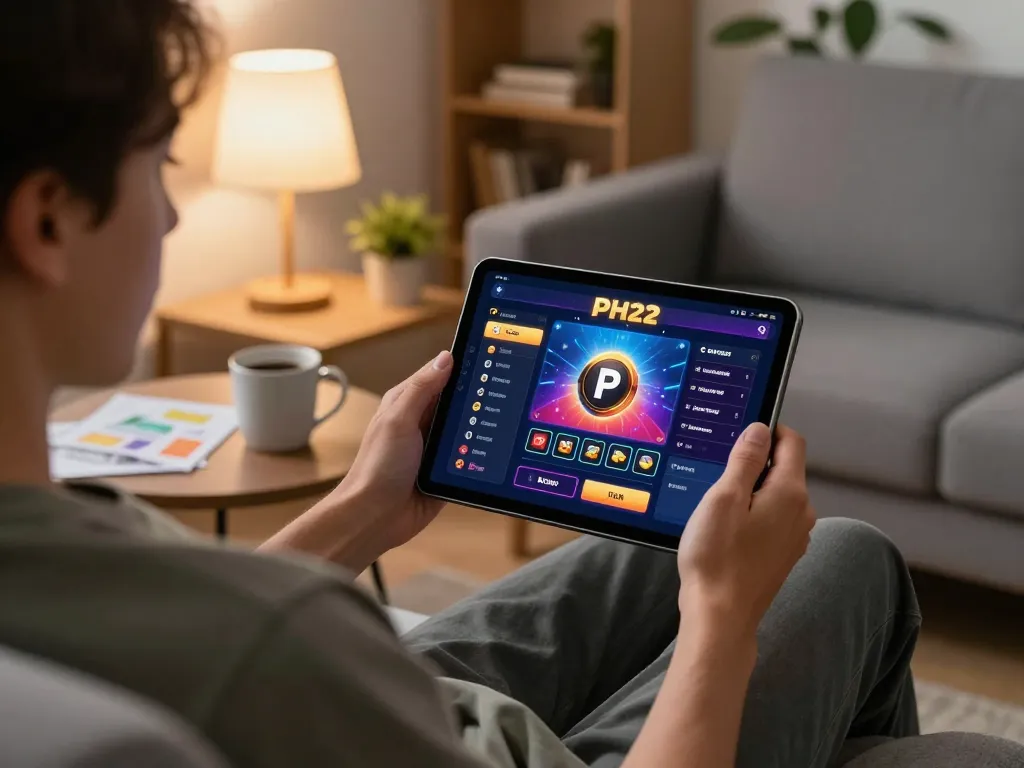 Player enjoying the PH22 online casino app on a cozy sofa while engaging in strategic betting.