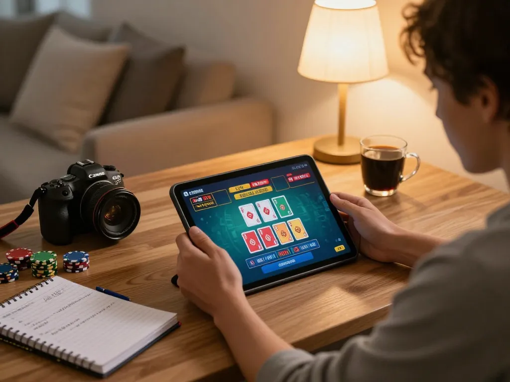 Player engaging with CM88 radio app on tablet in warm home environment, showcasing online casino excitement