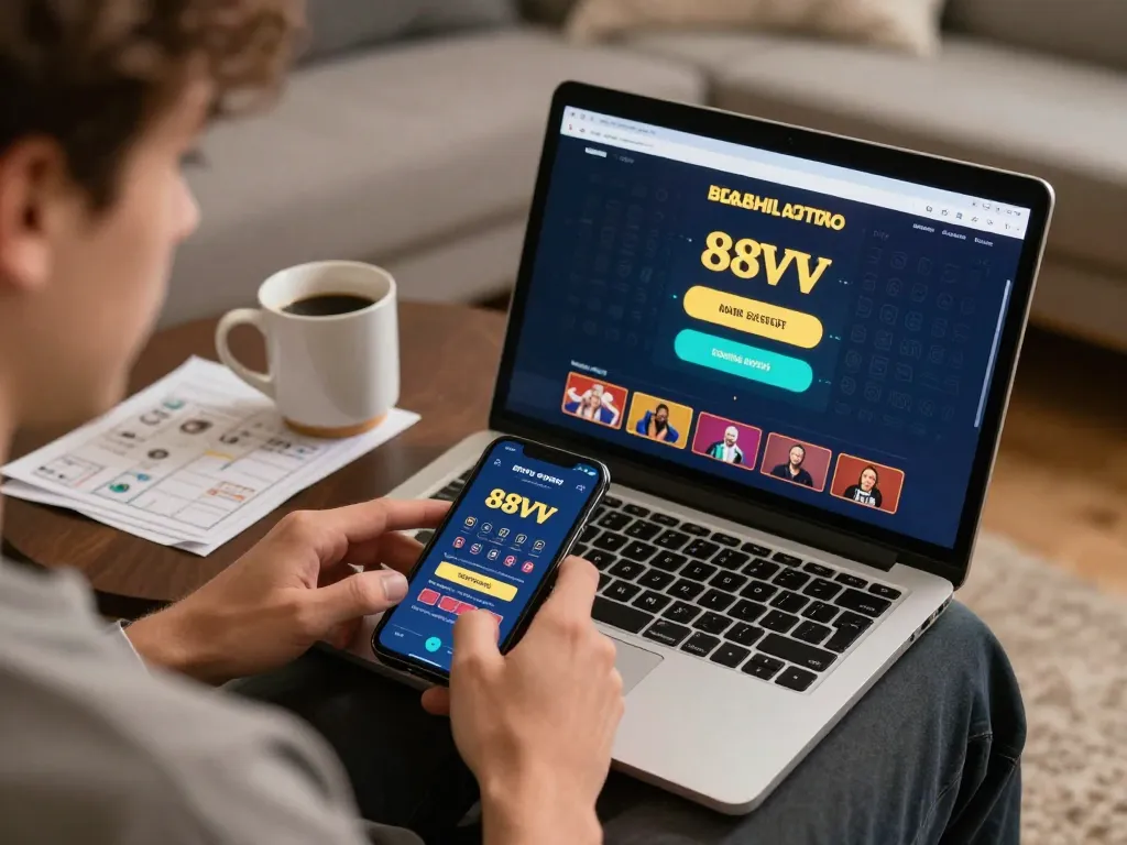 88vv lừa dảo warning: Engaged player reviewing casino app on a laptop for safe gameplay