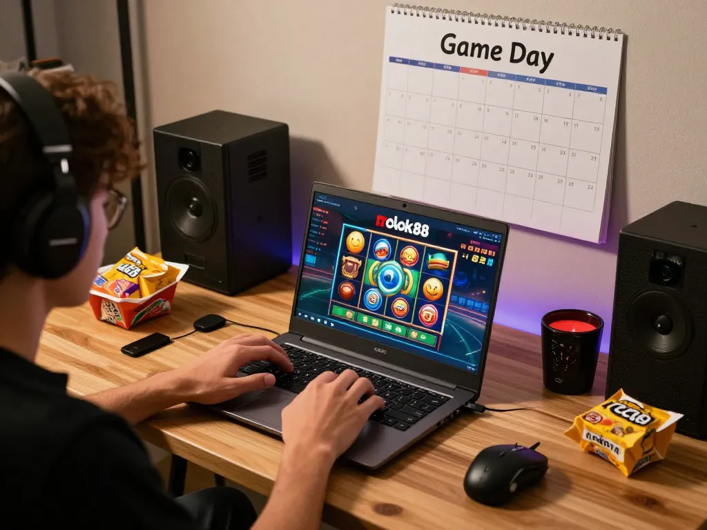 Engaging with rokok88 slot on a laptop during a cozy home gaming session.