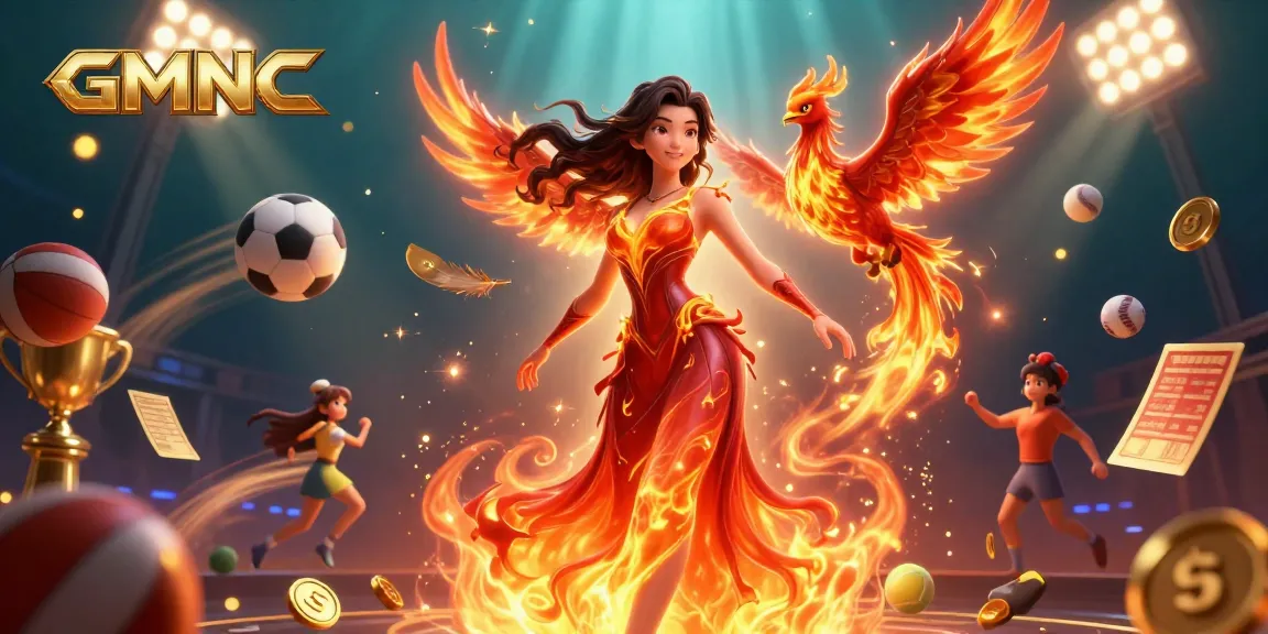 Betting with GMNC: Engaging 3D illustration featuring dynamic sports elements, vibrant colors, and a fiery character.