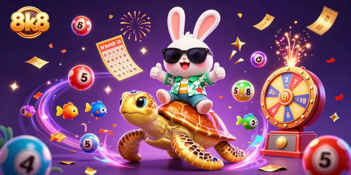 Play at 8k8's vibrant casino with colorful games and lucky symbols around lively characters.