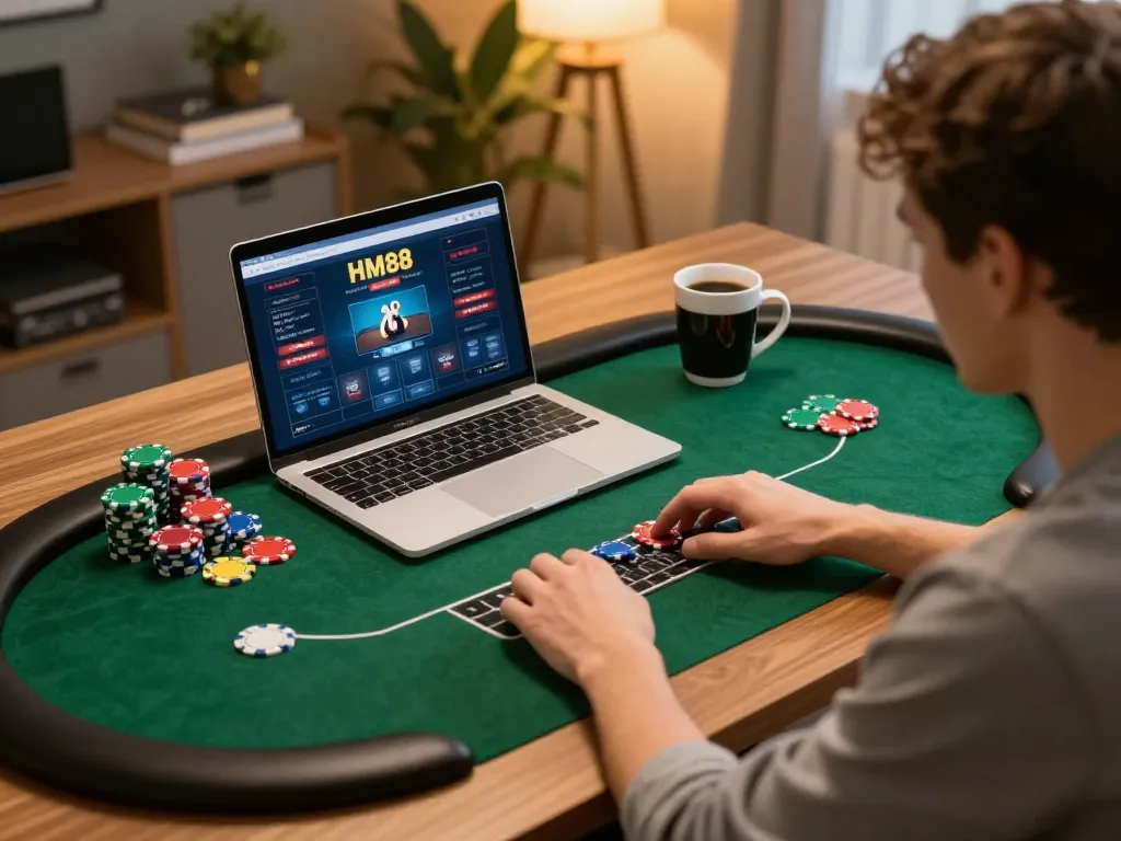 Engaging HM88 online poker gameplay with player focused on laptop, cozy home setting.