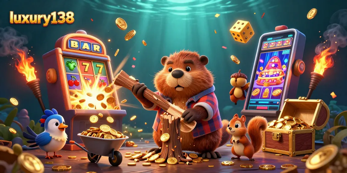 Experience thrilling wins with luxury138, where a beaver gathers coins amidst vibrant casino games and golden treasures.