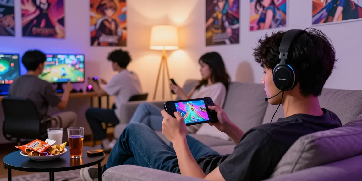 Engaging gamer immersed in a mobile hentai game on a cozy couch with vibrant snacks and anime decor.