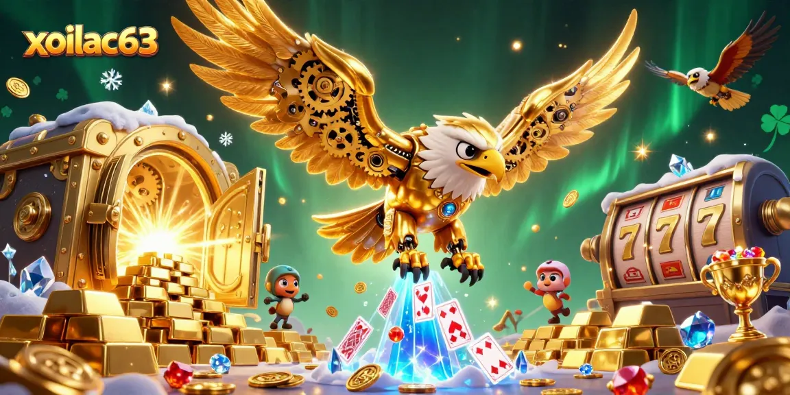 Engage with xoilac63's thrilling live casino experience featuring a soaring golden eagle and dynamic slot elements.