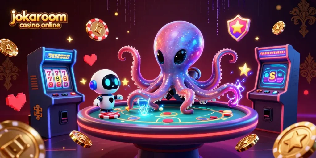 Play poker with fun alien characters in a vibrant jokaroom casino online illustration.