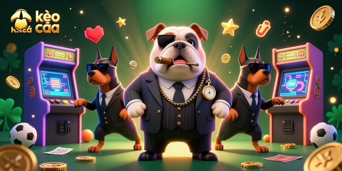 Engage in sports betting excitement with kèo nhà cái featuring a mafia bulldog and Doberman bodyguards amidst vibrant casino elements.