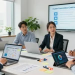 Collaborative team reviewing the cyber essentials checklist in a modern cybersecurity office.