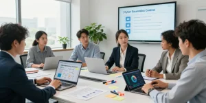 Collaborative team reviewing the cyber essentials checklist in a modern cybersecurity office.