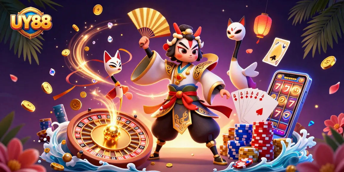 Experience the thrill of UY88 with a dynamic 3D casino scene featuring kabuki warriors and golden gaming elements.