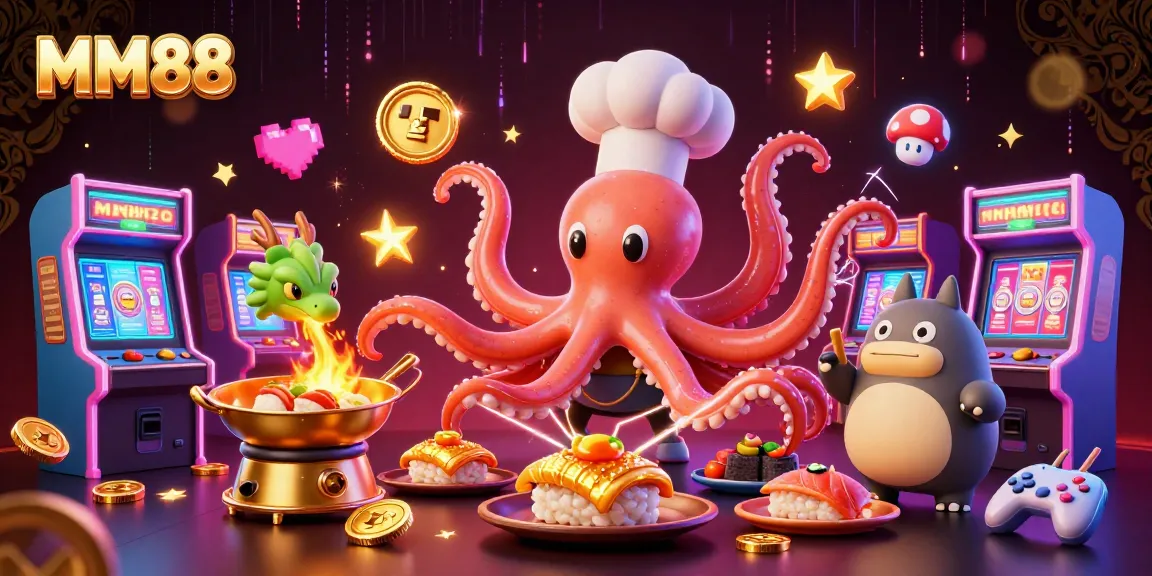 Experience the vibrant world of MM88 with a sushi chef octopus and dragon in a bustling casino setting.