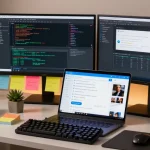 Developer using Telegram Web Version on laptop in a stylish workspace filled with tech gadgets.