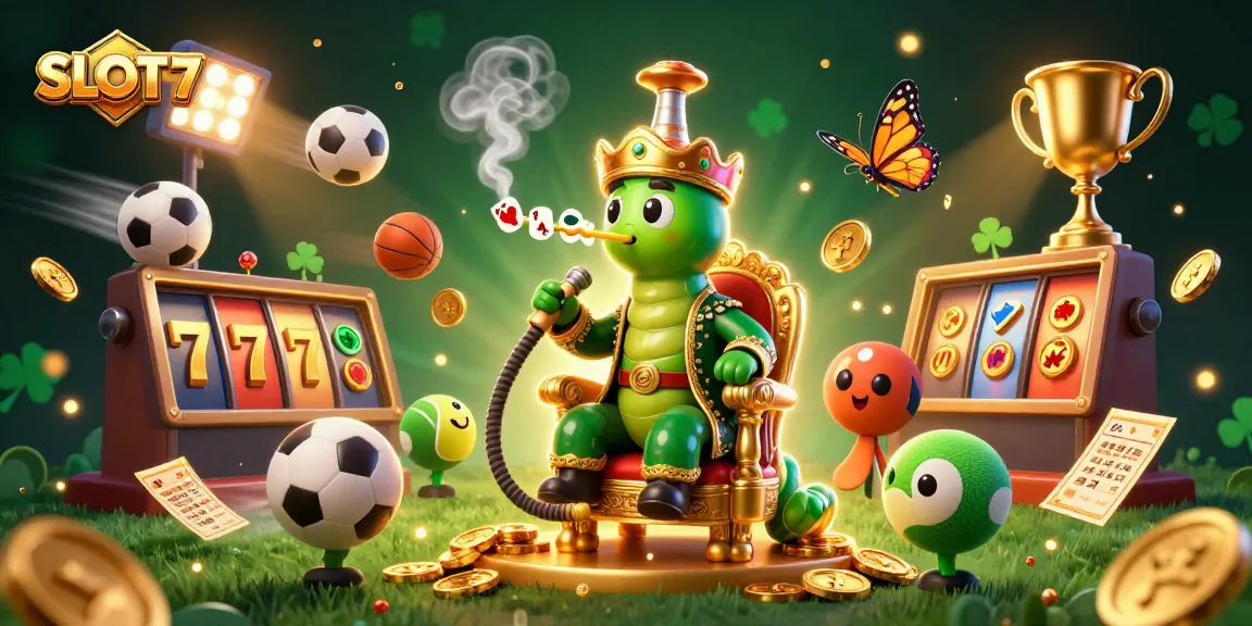 SLOT97 greets players with an immersive casino scene featuring a whimsical caterpillar master, slot reels, and vibrant sports elements.