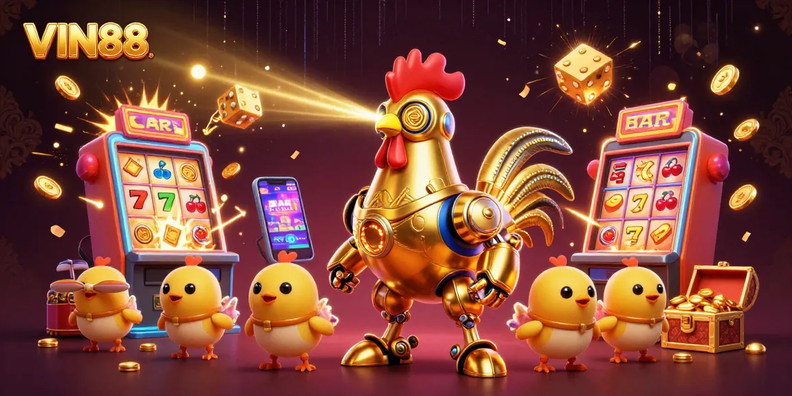 Experience thrilling wins with VIN88 in this vibrant, cartoonish casino scene featuring dynamic slot elements.