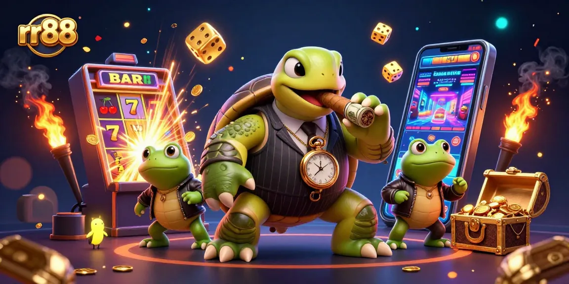 Experience the excitement of rr88 with our cartoon casino scene filled with vibrant slot games.