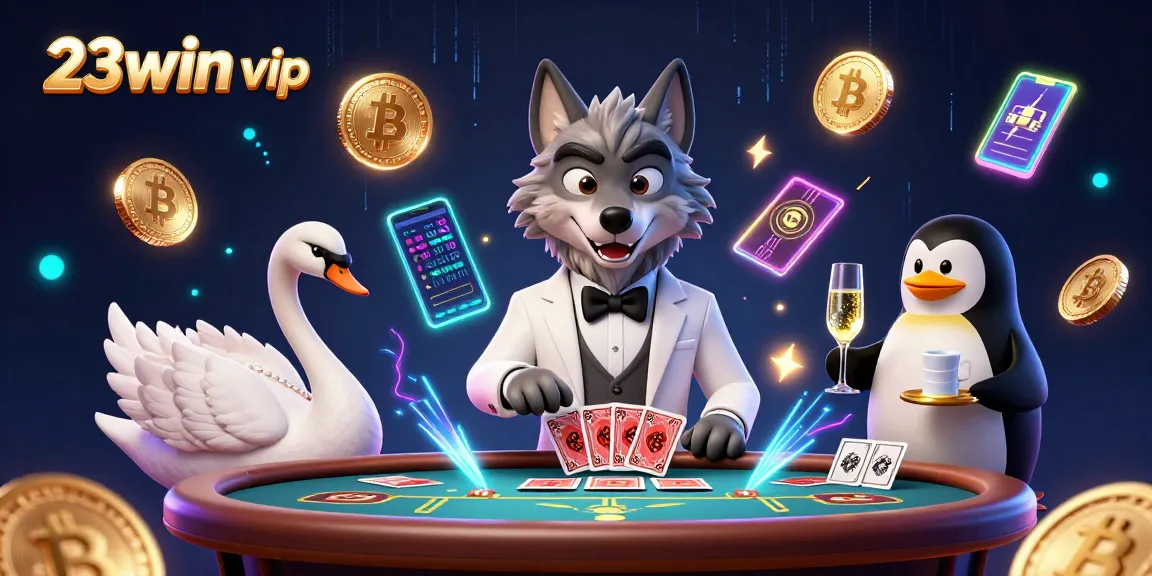 Engage with the vibrant world of 23win vip casino as a debonair wolf and elegant swan deal cards and serve champagne at baccarat.