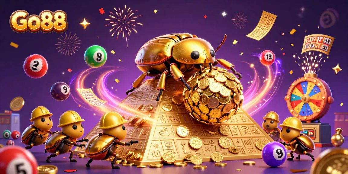 Engage with Go88's vibrant world of gaming filled with colorful lottery balls, golden coins, and festive elements.