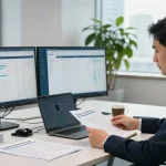 Cyber essentials assessor reviewing compliance documents in a modern office setting, showcasing an engaging cybersecurity evaluation.