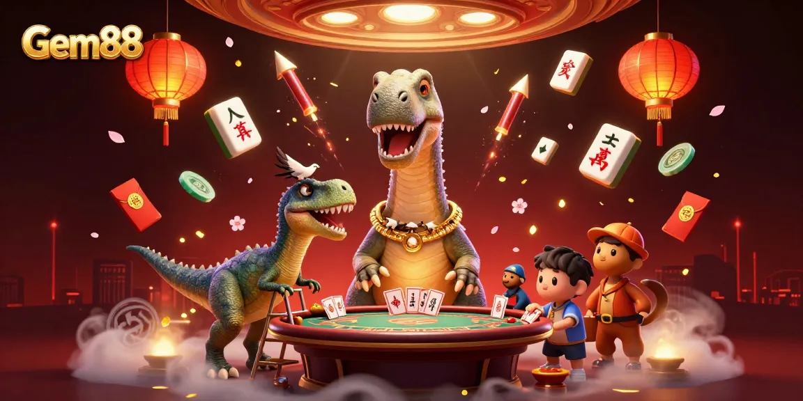 Gem88 brings excitement to players with dynamic action at a vibrant casino scene featuring a giant brontosaurus and clever raptor dealing cards.