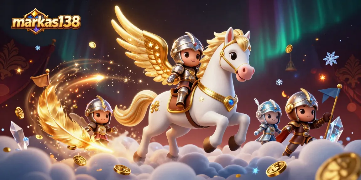 markas138 showcases thrilling betting action with a celestial horse and armored knight amidst vibrant casino elements.