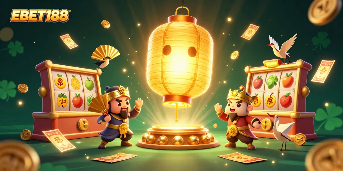 Experience the thrill of slot games with EBET188’s vibrant online casino scene illustrating golden jackpots and lucky symbols.