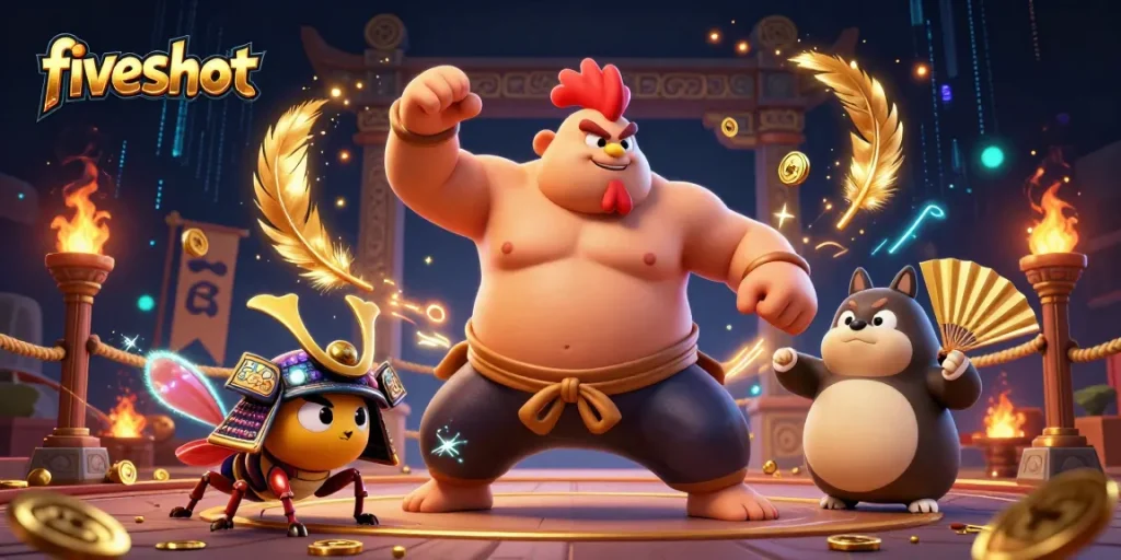 Experience thrilling gameplay with fiveshot as the sumo rooster, cricket, and tanuki ignite the casino arena!