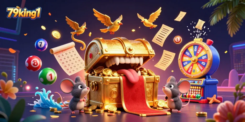 Win big with lottery games at 79king1, showcasing colorful lottery elements and adventurous themes.