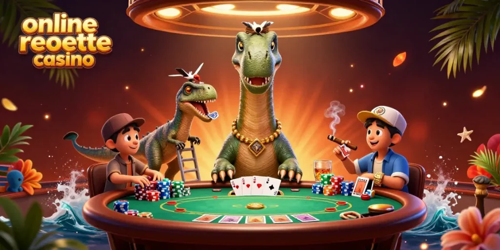 Engage in thrilling online roulette casino action with colorful poker elements and vibrant characters.