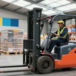 Electric forklift efficiently stacking pallets in a modern warehouse.