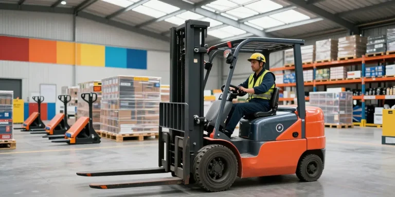 Electric forklift efficiently stacking pallets in a modern warehouse.