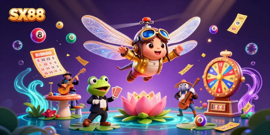 SX88 features a lively casino scene with a dragonfly pilot and frog dealer amidst colorful games.