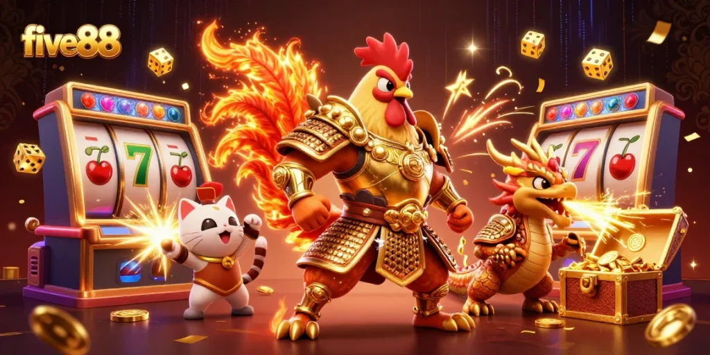 Experience the excitement of five88 slots with a dynamic scene of gaming characters and jackpots.