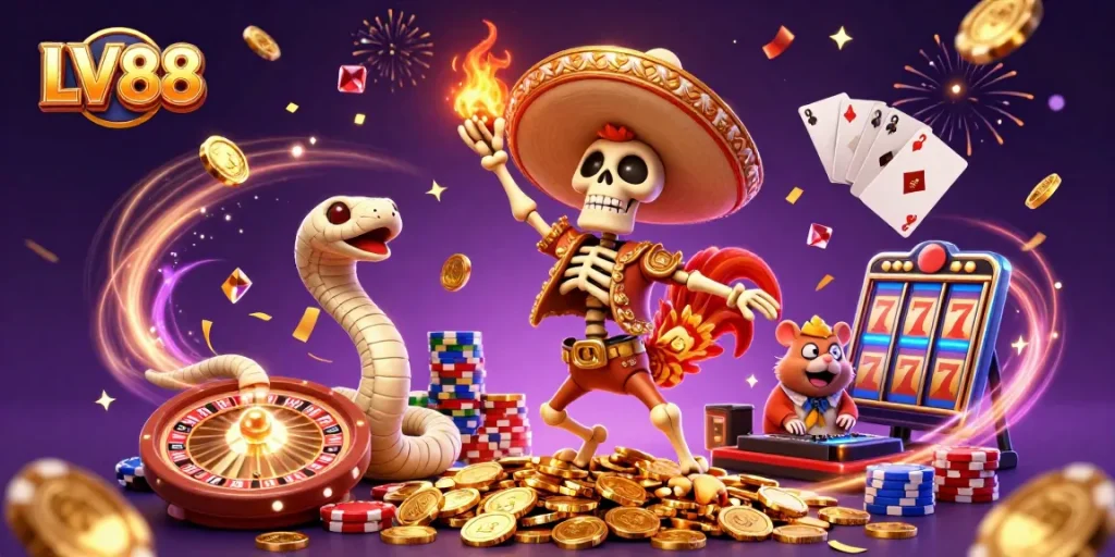 Experience the thrill of LV88's vibrant casino atmosphere with winning moments and wild celebrations.