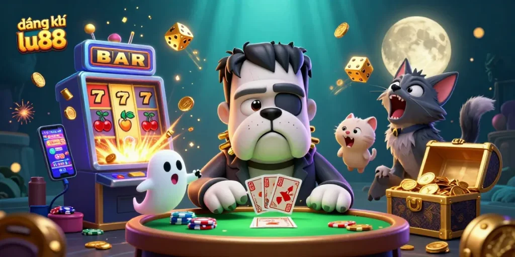 Play cards with the Frankenstein bulldog at a spooky casino table while đăng ký lu88 offers exciting games.