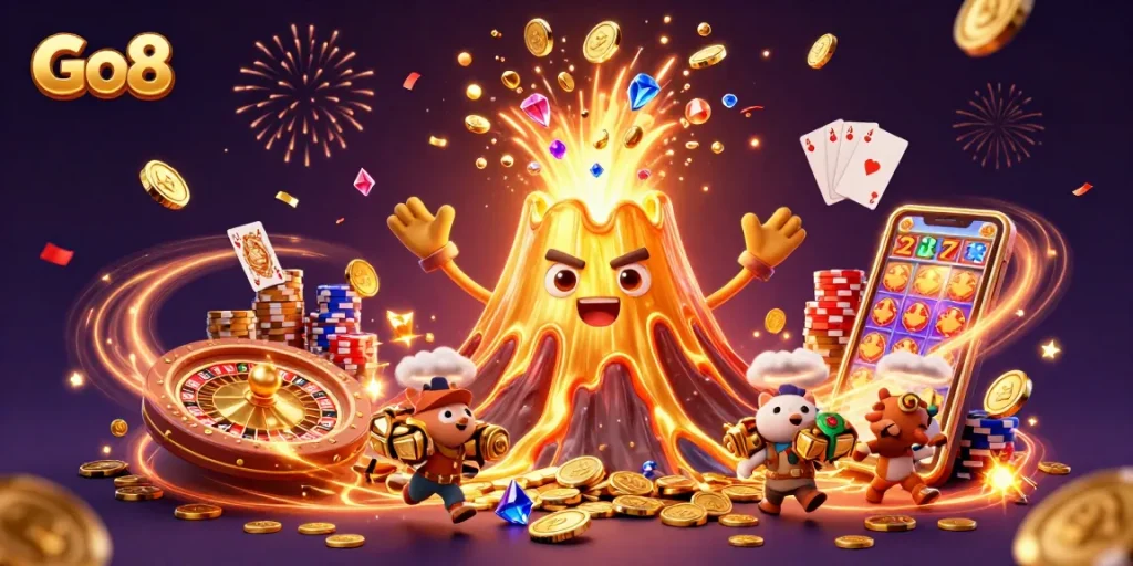 Catch the excitement at Go8 with a triumphant golden volcano erupting coins and gems, thrilling players.