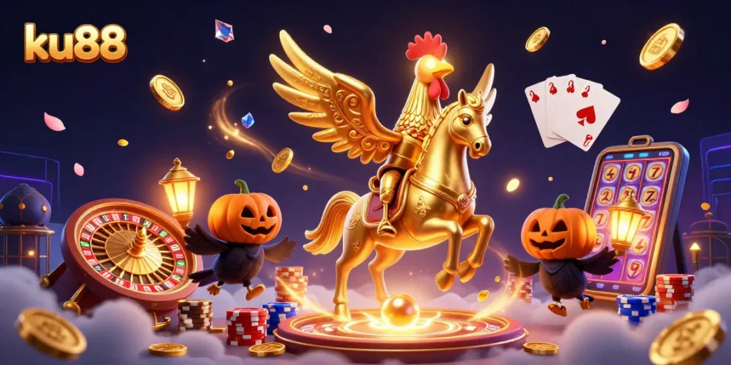 ku88 brings excitement to players with the golden rooster and casino chaos illustration