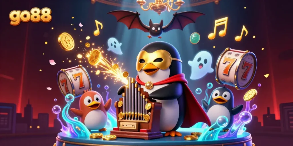 Experience the thrill of go88 with vibrant slot reels and engaging casino elements in this cartoon illustration.
