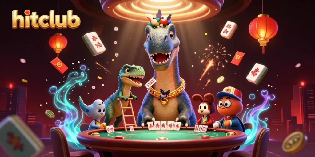 Experience big wins with hitclub's vibrant casino scene featuring a playful dinosaur and thrilling games.